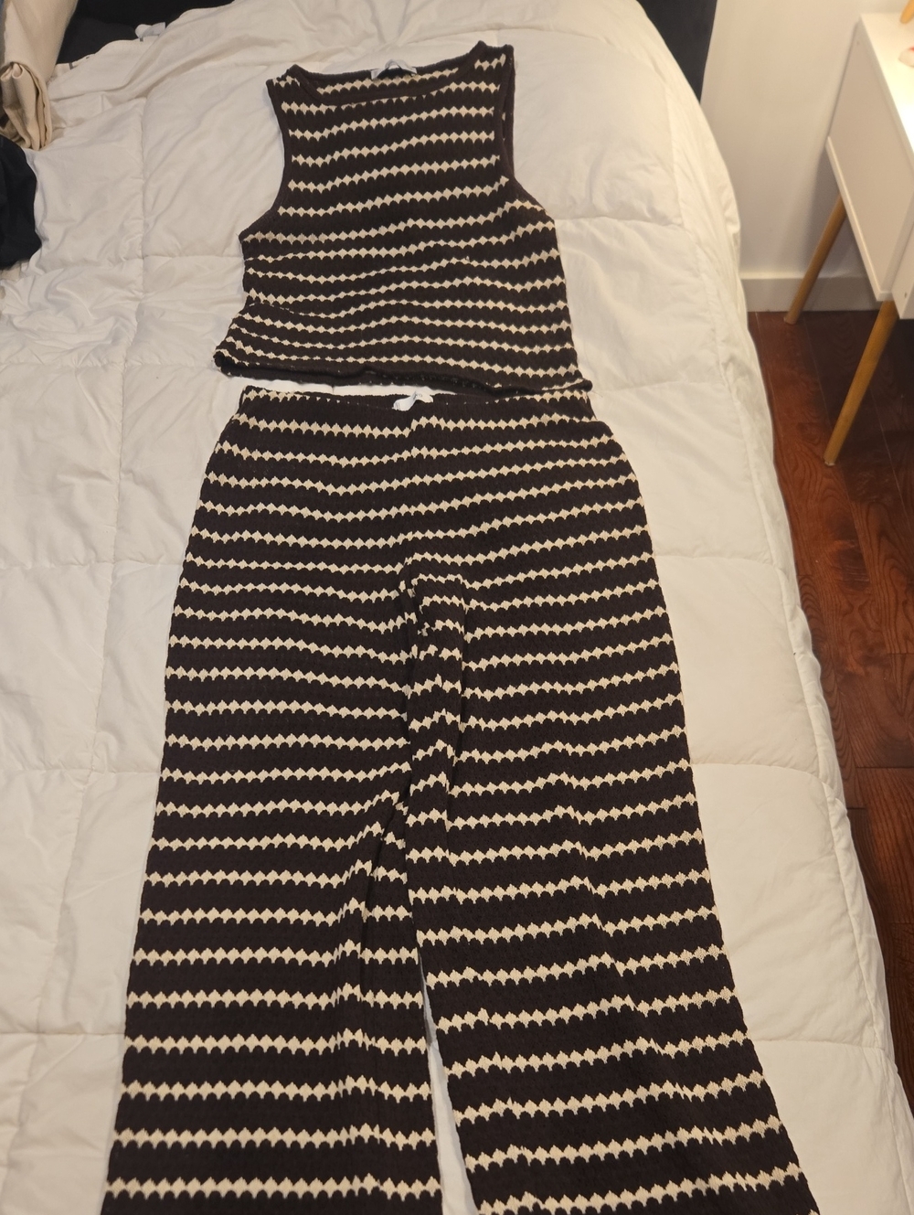Black & Cream Striped Knit Tank and Wide-Leg Pants Set